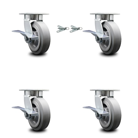 Service Caster 6 Inch Kingpinless Thermoplastic Rubber Wheel Caster Brakes 2 Swivel Locks, 4PK SCC-KP30S620-TPRRF-SLB-BSL-2-SLB-2